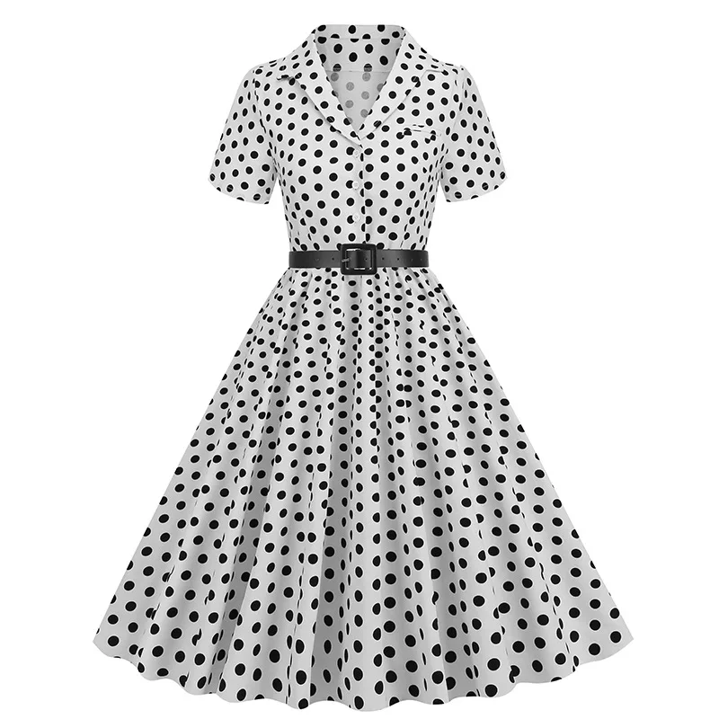 

European and American Women Polka Dot Patchwork Waistband Short Sleeved Temperament Mid Length Skirt Casual Fashion Retro Dress