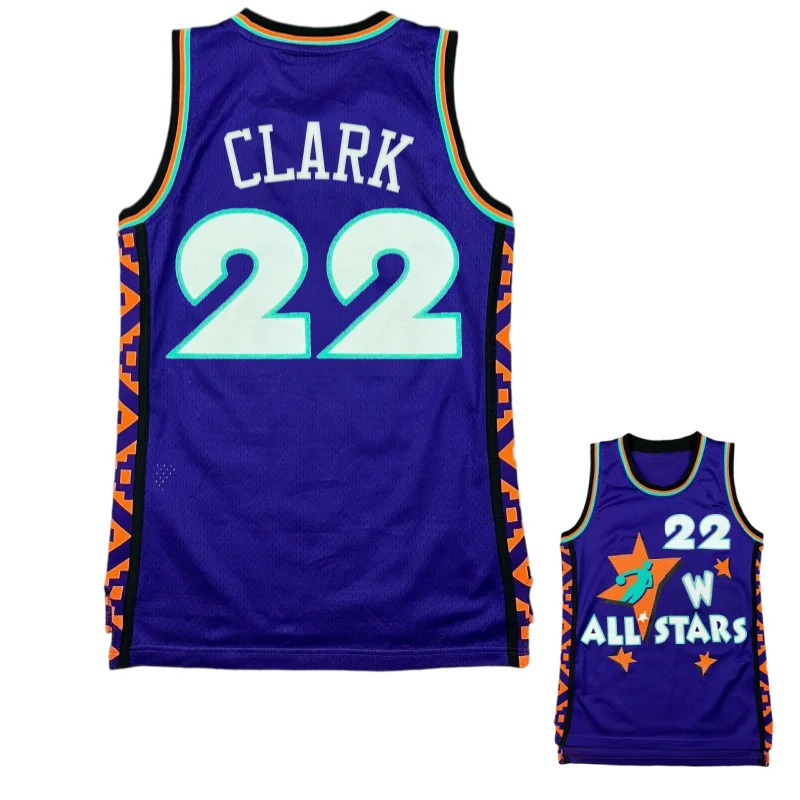 26-27 Neue W All Stars # 22 Caitlin Clark Basketball-Trikot, lila, Retro-Design, 3D-Druck, ärmelloses Basketball-Oberteil, Fan-Artikel. – Detail 3