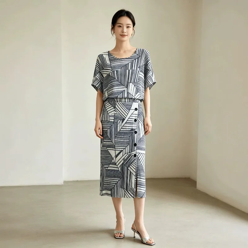 Miyake Pleated 2026 New Summer Set for Women Geometric Line Print Loose Short Sleeve Top Side Button Slit Mid-Length Skirt Pleat