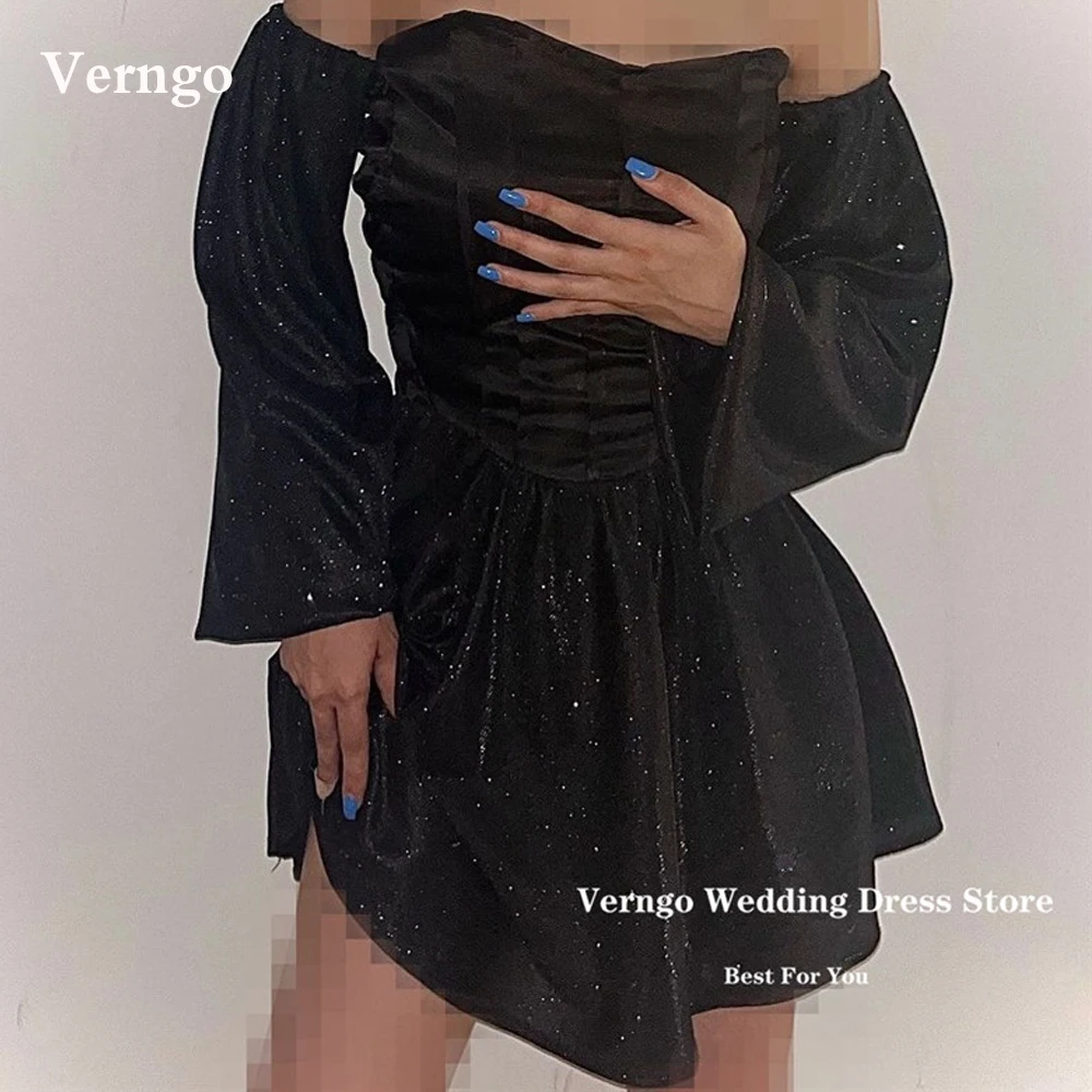 

Verngo Sparkly Night Party Formal Dresses Off the Shoulder Puff Long Sleeves Mini Sexy Cocktail Dress Shiny Prom Evening Gowns