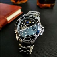 Tourbillon Moon Phase Skeleton Mechanical Watches Rotating Bezel Luminous Dial Luxury Automatic Mens Watch Stainless Steel Strap