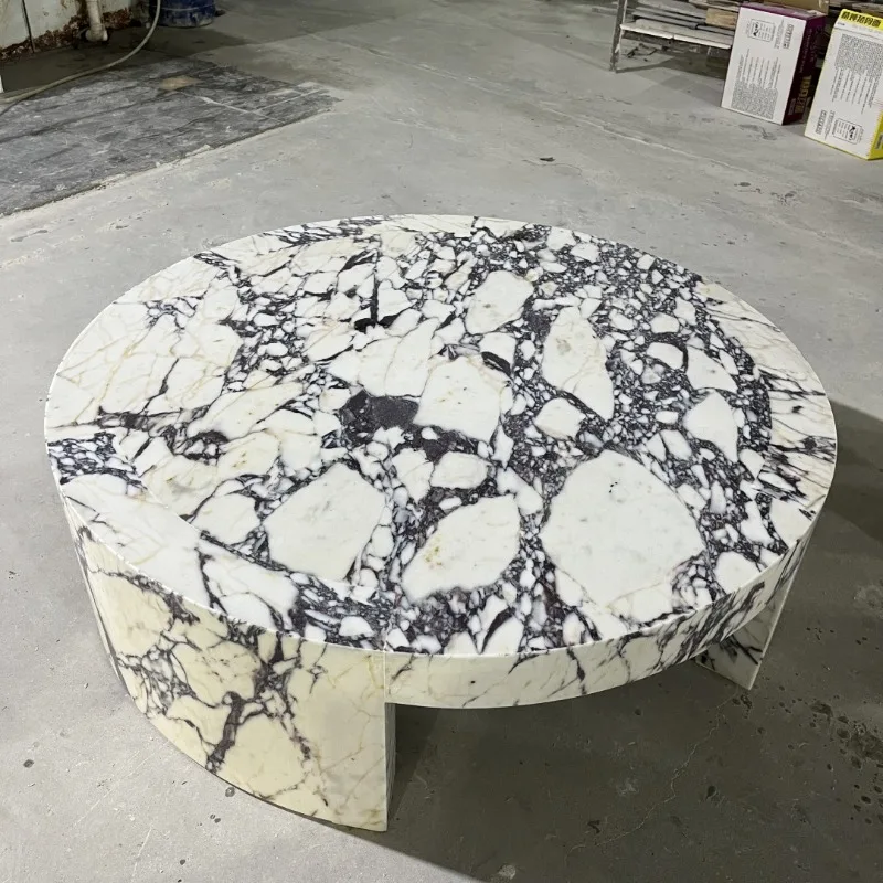 Modern Round Calacatta Viola Marble Coffee Table  Large Plinths Coffee Table Set Centre Tables with Marble Unique Top Pedestal