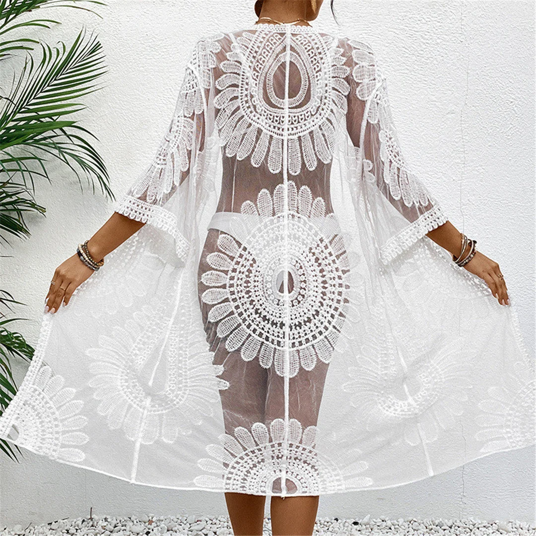 Sexy, bestickte, halblange Chiffon-Strickjacke, Tunika, Strandkleid, Strandmode, Damen, V5510 – Detail 17