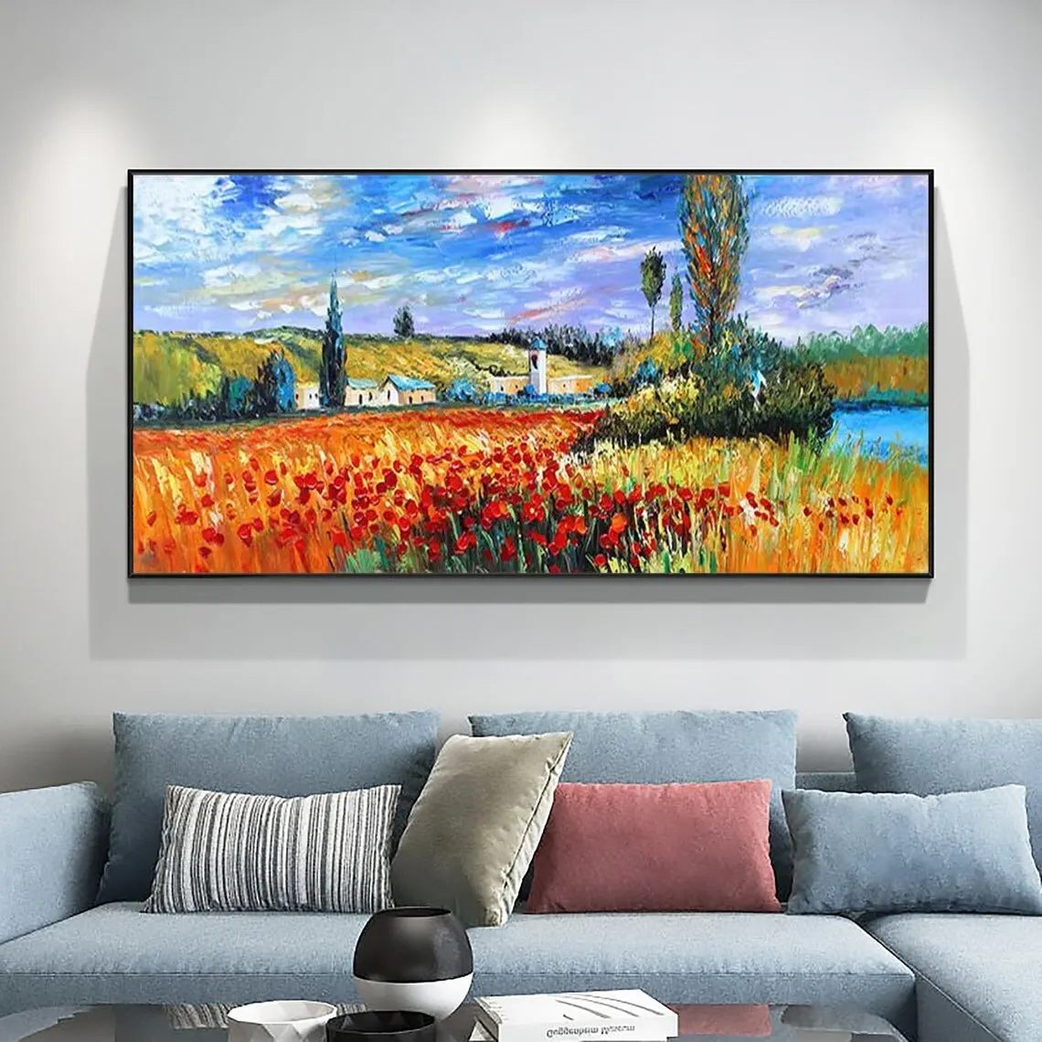 Large Abstract Countryside Oil Painting  Hand Painted Rural Landscape with Flowers Canvas Wall Art for Home Decor