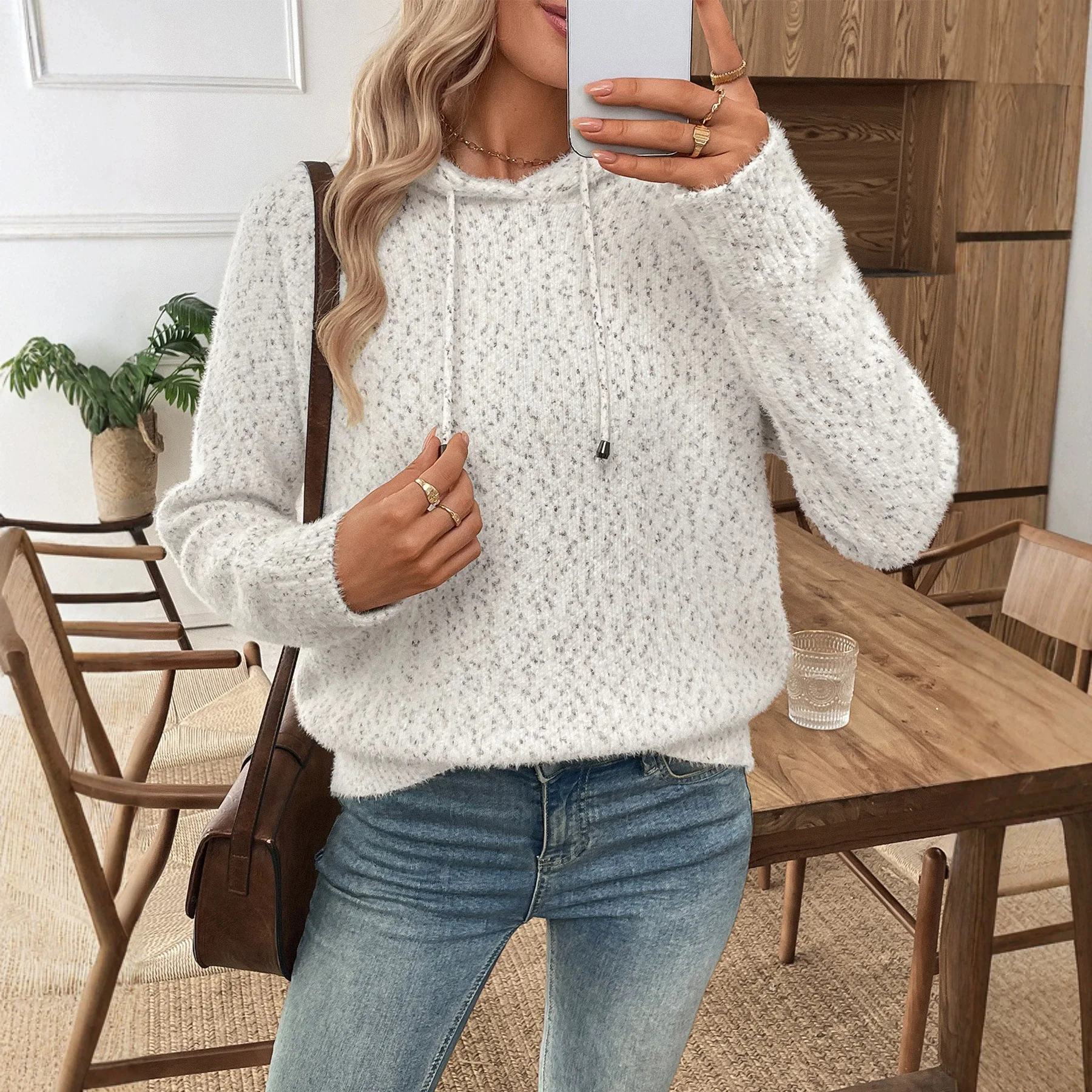 Fashion Trend 2026 New Long Sleeved Hooded Drawstring Solid Color Women's Sweater Loose Plush Soft Knit Casual Warm Autumn Top