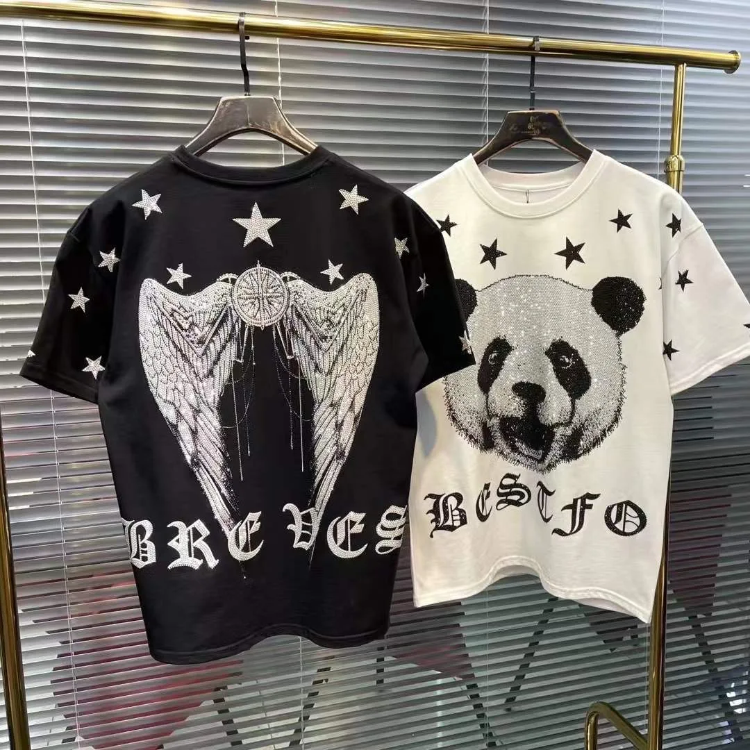 

High Quality Domineering Panda Hot Drilling T-shirt for Men/women Streetwear Pullover Top O-neck Short Sleeve Black Cotton Tees