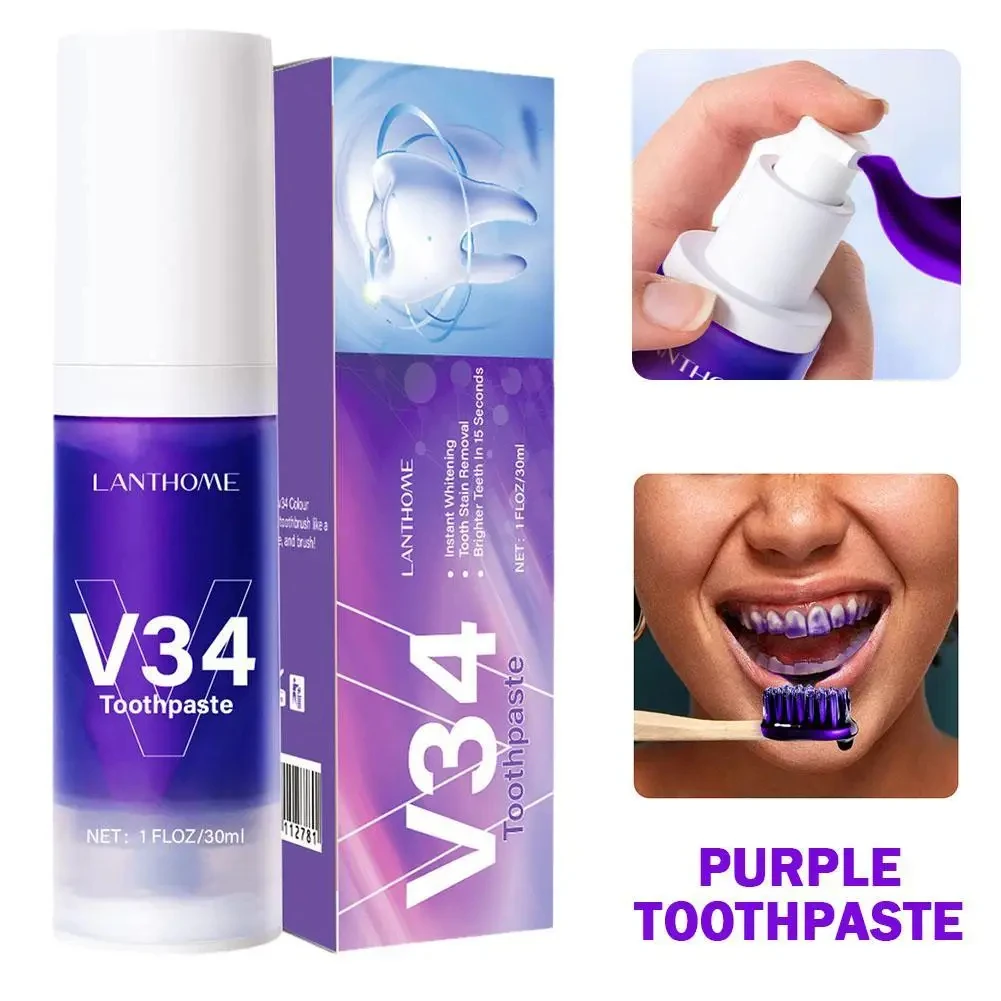 V34 Pro Smile Removal Plaque Stain Purple Corrector Teeth Whitening Toothpaste Reduce Yellowing Enamel Care Easy Oral Clean Care