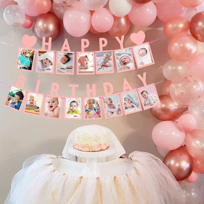 Happy Birthday Photo Frame Banner First 1st Bithday Party Decoration Kids Baby Boy Girl One Year 12 Month Newborn Photo Garland