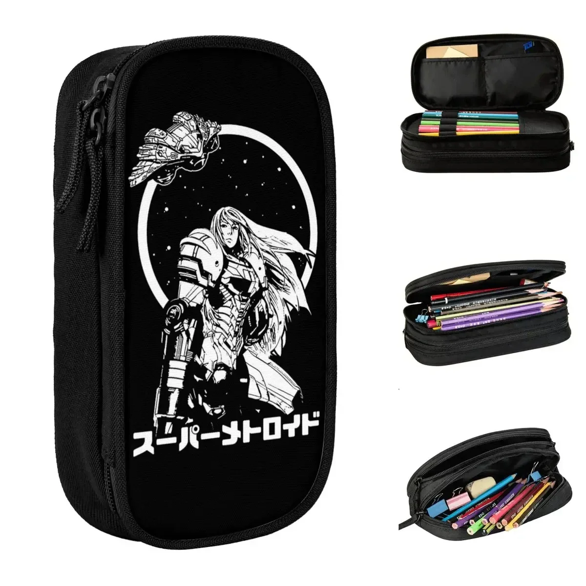 Samus Aran 90's Game Pencil Case New Super Metroid Pen Bag Kids Big Capacity Office Gift Pencilcases