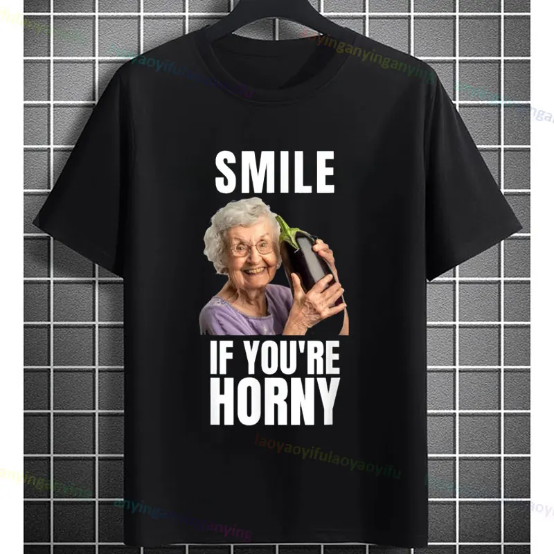 Humorous Smile If You're Horny Graphic T-Shirt for Adults Casual Pure Cotton Crewneck Short-sleev Tshirt Perfect for All Seasons