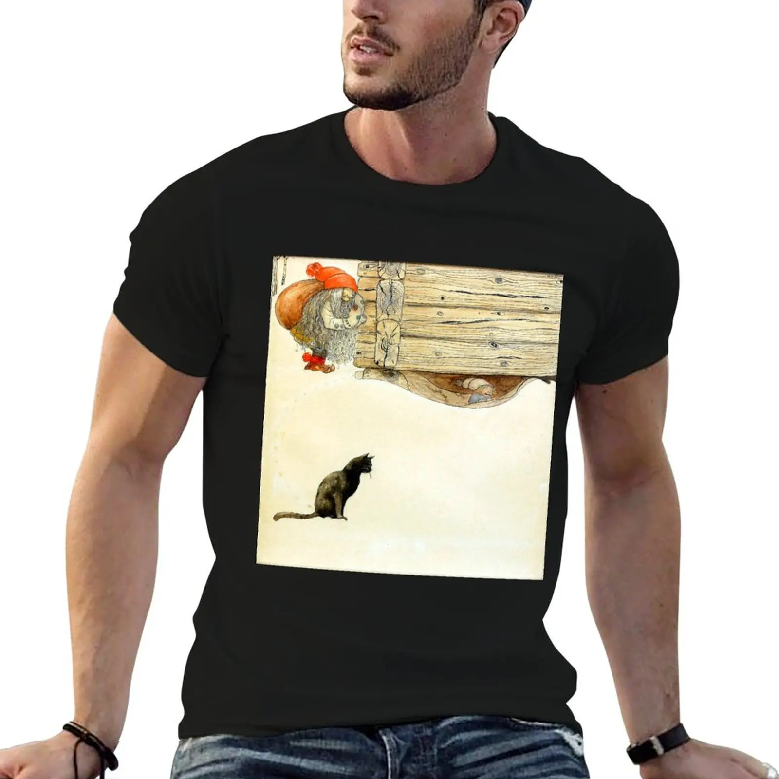 Christmas Nisse and Cat - John Bauer T-Shirt Work Outdoor Short Sleeve Tee