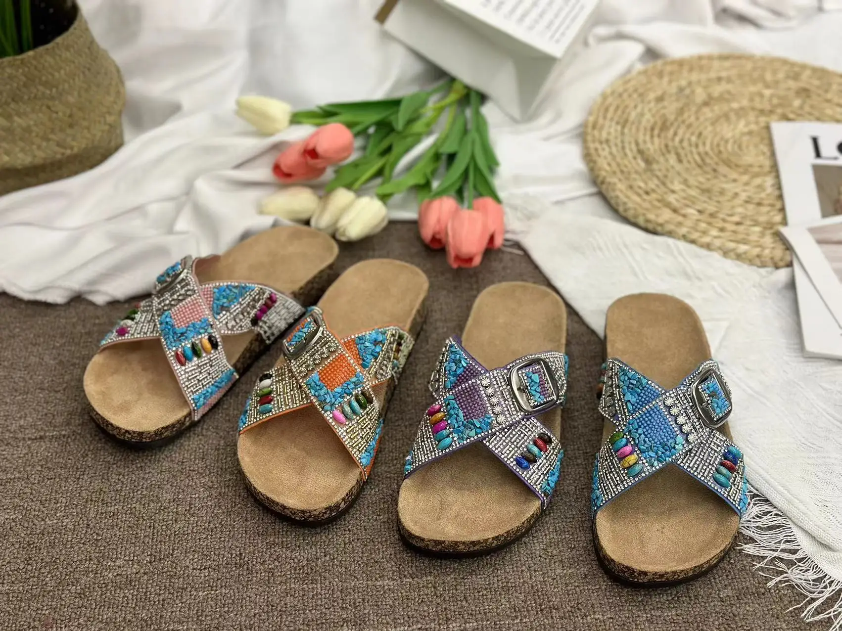 2025 Rhinestones Decorations Women Slippers Cross Buckle Beach Cork Slippers Sexy Colorful Crystal Bohemian Style Flat Slides