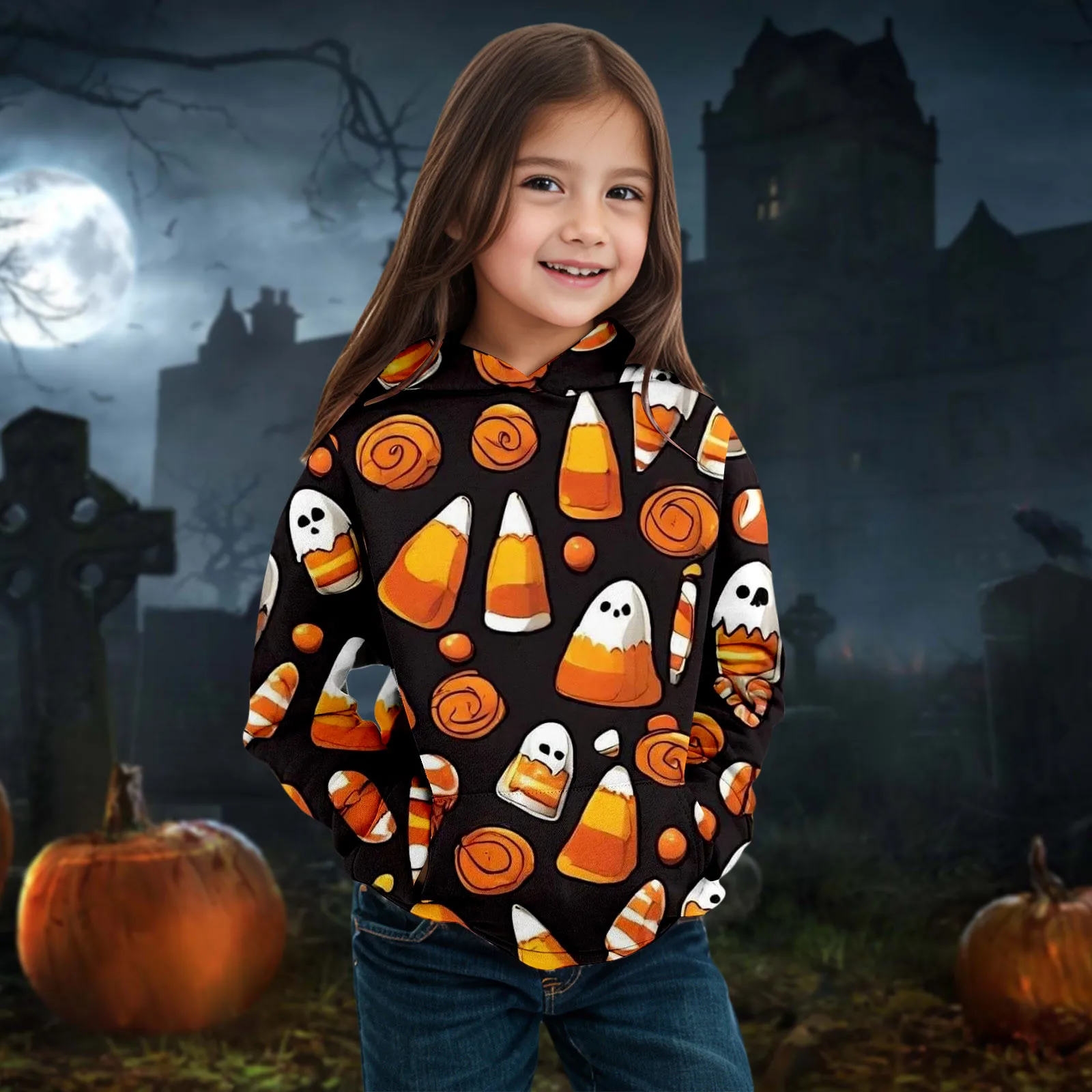 

Winter Multiple Styles Halloween Children's Cute Cartoon Ghost Printed Long Sleeve Hoodie Warm Comfy Kids Outdoor Sweatshirts