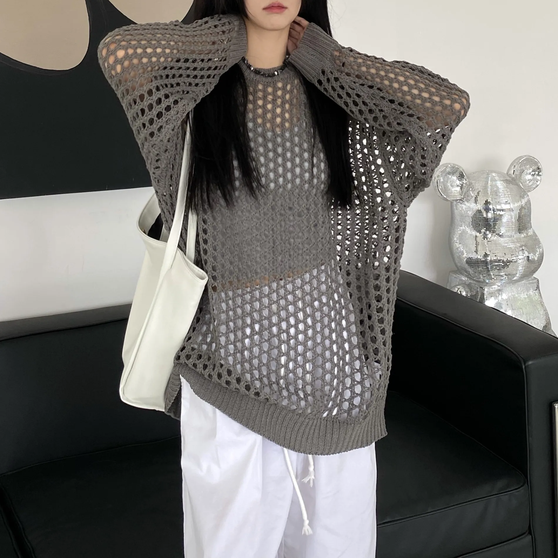 Long Sleeve Hollow Out Loose Sunscreen Shirts Women O Neck Knitted Covers Up Spring Dustcoat Thin Casual Autumn Solid Long Tops