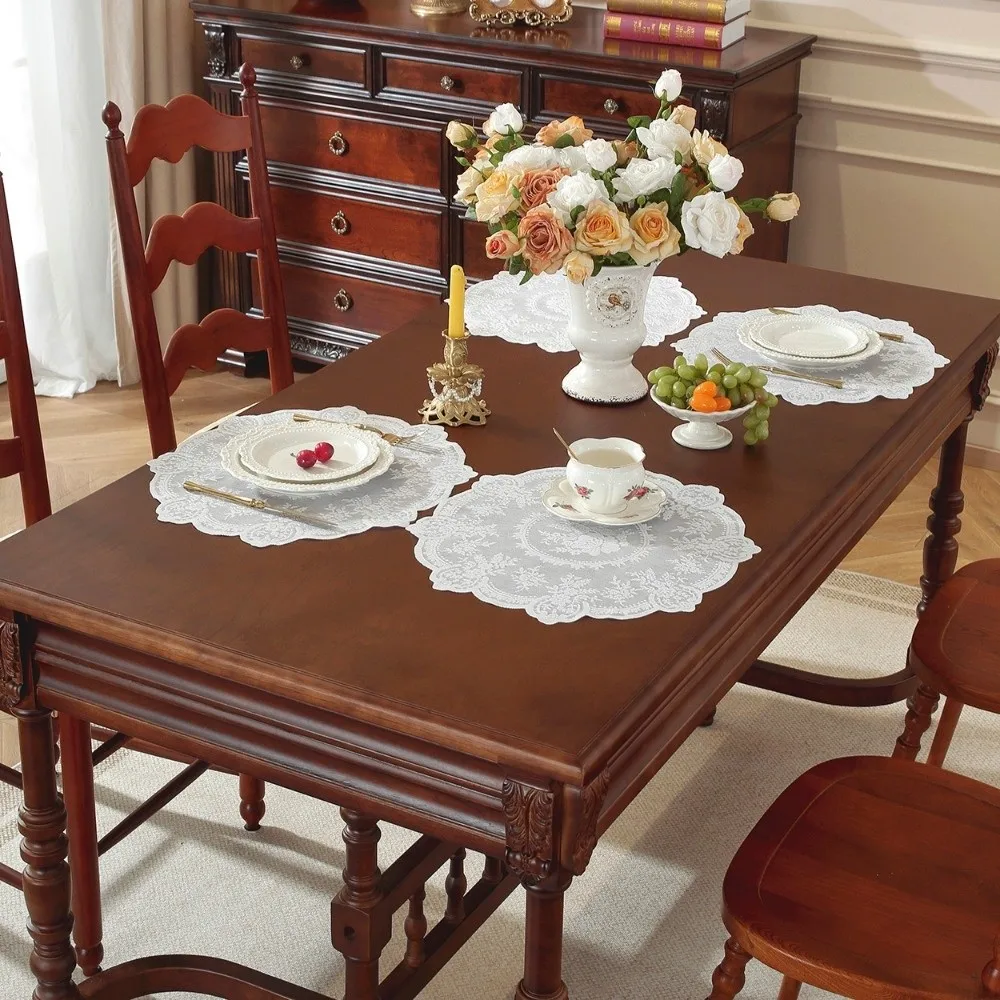 1/2/6pcs Embroidered Lace Tablemats Flower Embroidery Round Handmade Lace Table Mats Decorative Napkin Placemat