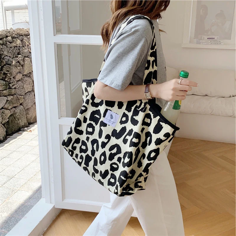 Portable Shopping Bag Leopard Print Tote Bag Large Capacity Shoulder Bag