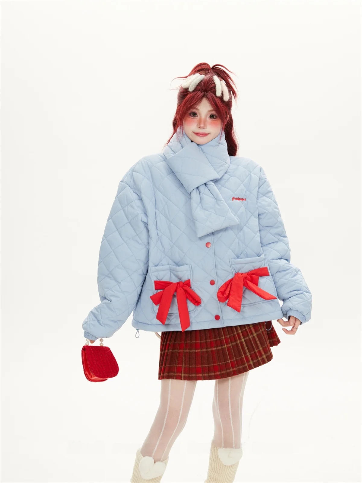 Dopamine Milk Blue Unique Short Women's Cotton Jacket with Scarf Rhombus Pattern Winter Coat Button up Korean Style Thickened