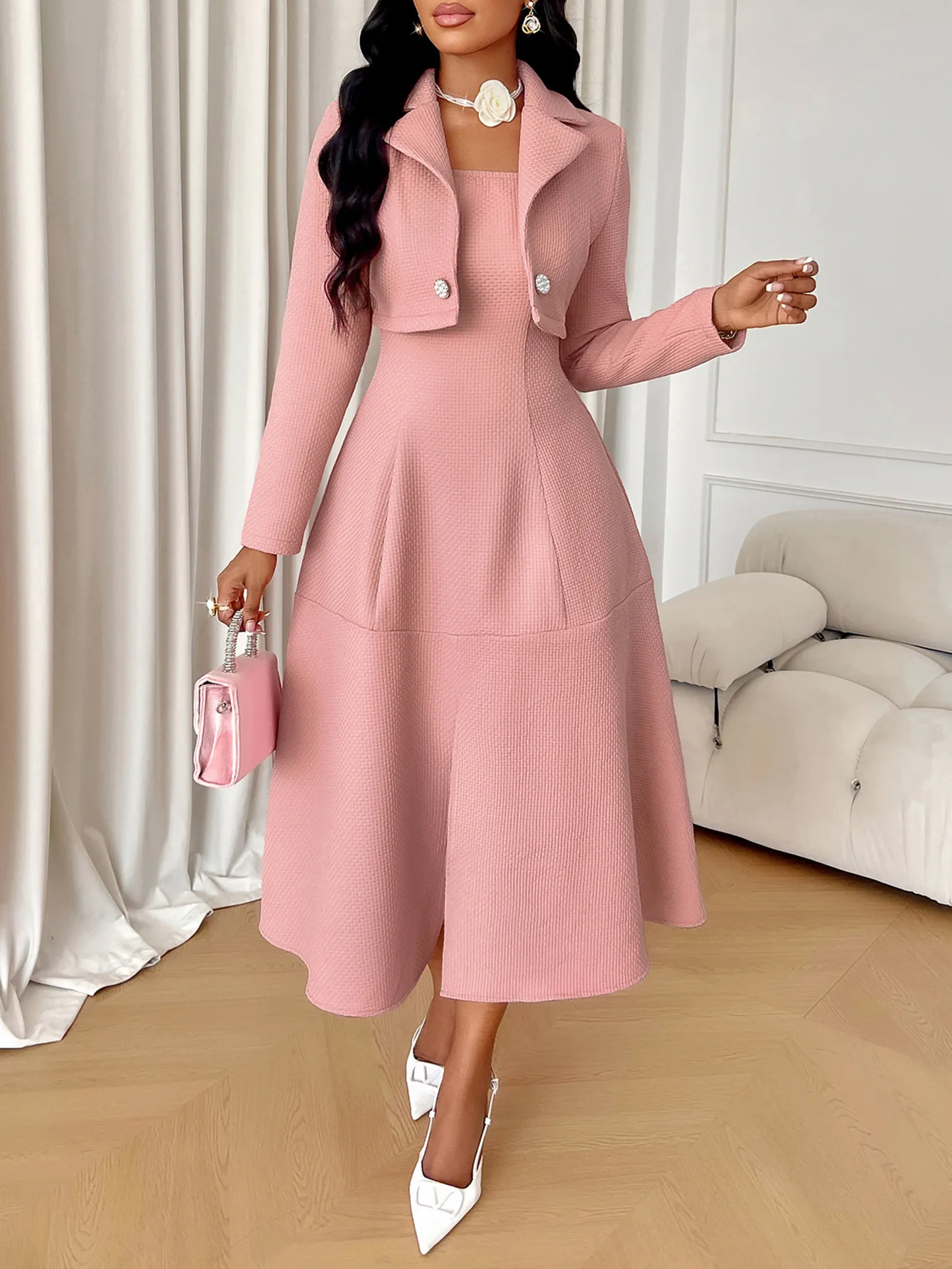 

Two Piece Set Women Clothing Spring and Autumn 2 Piece Dress Set High Waist Split Spaghetti Strap Dress+Long Sleeves Jacket