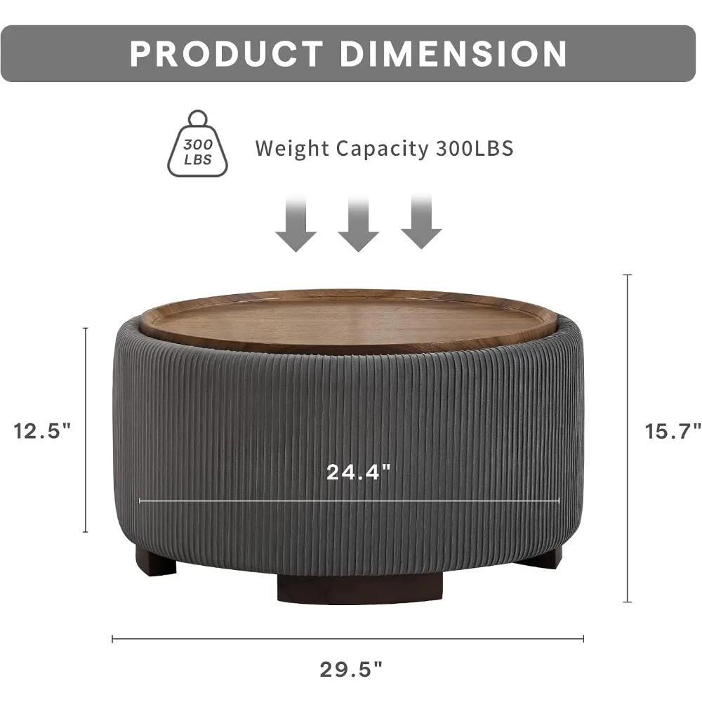 29.5 Inch Round Storage Ottoman Coffee Table, Grey Velvet