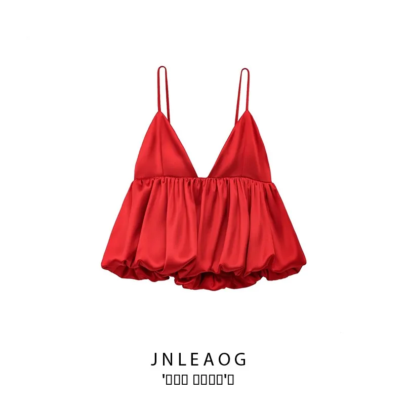 JNLEAOG Spring New Women's Faion Design Silk Satin Puffy Top 230865600 High Waist Silk Blend Polyester Summer Dr