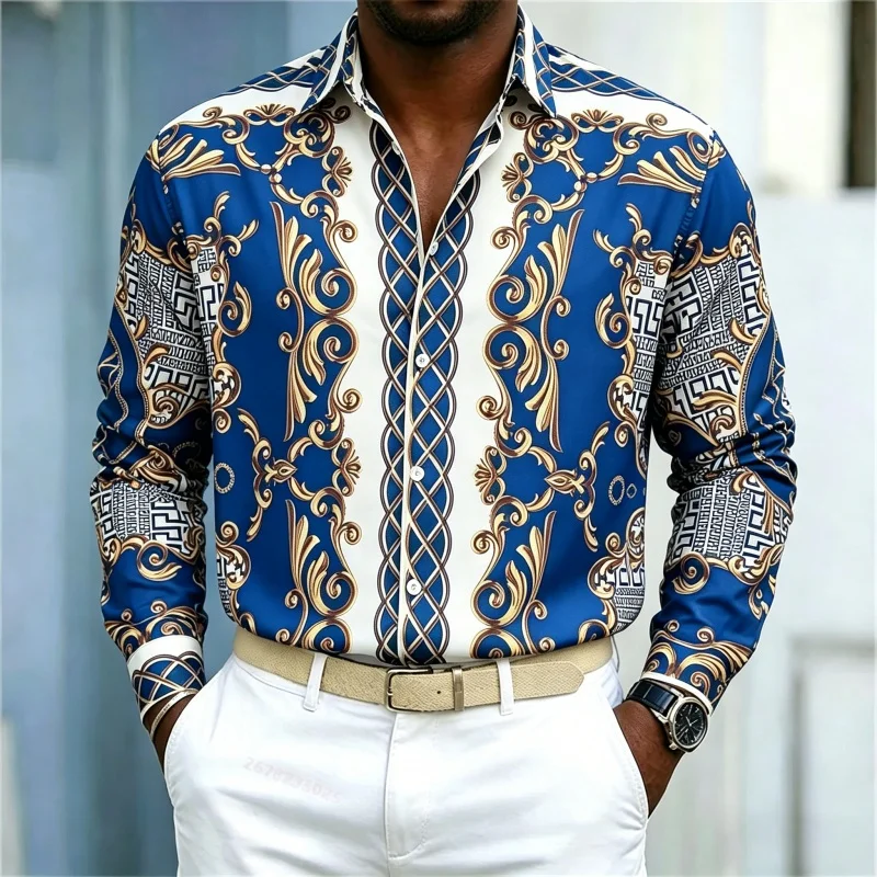 

Men's shirt light luxury retro style long sleeved shirt blue gold European pattern printed shirt business casual men's clothing