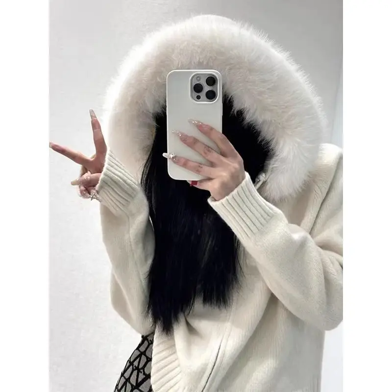 Street Knitted Fur Women's Cardigan Loose Zipper Long Sleeved Hooded Solid Knitwear Female 2025 Autumn Casual Chic Lady Outwear