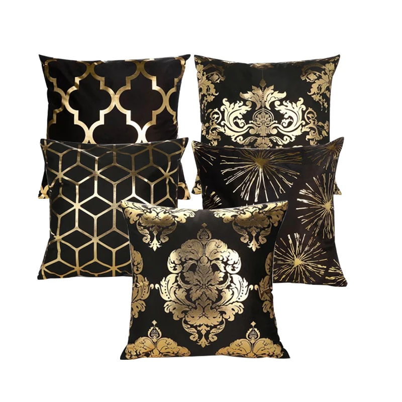 Black cushion cover geometric pillows case super soft short velvet gold printed fireworks pillowcase sofa home decor funda cojin