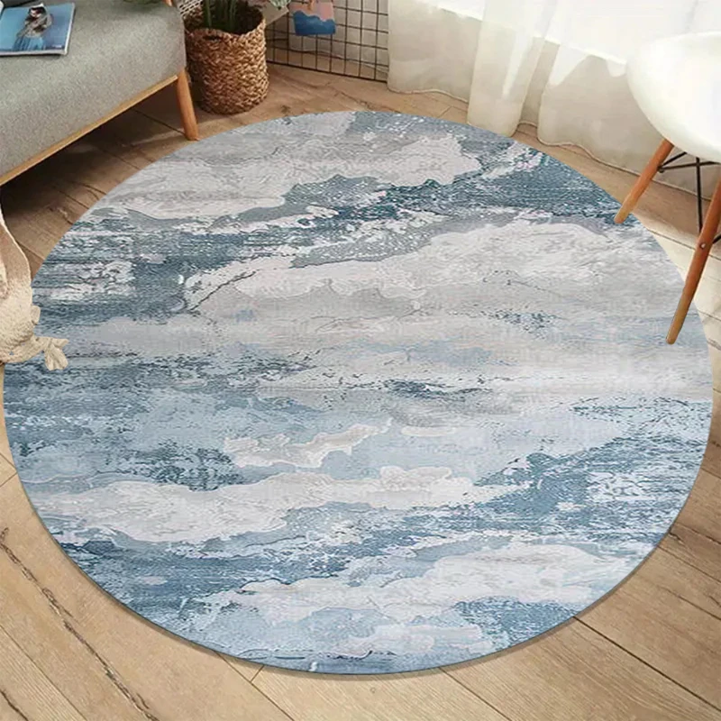 Wabi-Sabi Blue Gray Abstract Round Rug, Modern Ink Wash Texture Print Floor Mat, Non-Slip Living Room Carpet, Minimalist Home