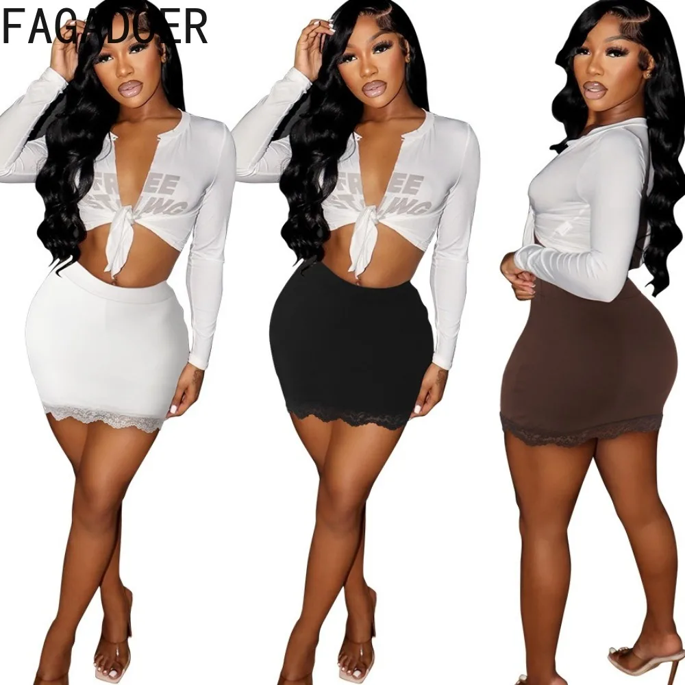 

FAGADOER Sexy Hot Girl Lace Mini Skirts Women High Waisted Bodycon Elasticity Bottoms Fashion Female Solid Slim Clubwear 2024