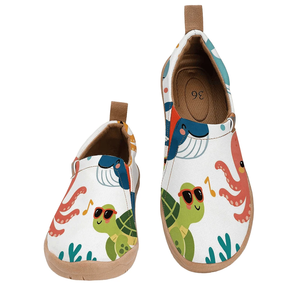 

Women's Wide Toe Box Fun Cartoon Sea Animal Print Slip‑On Shoes, Soft Sole Breathable Canvas Casual Walking Flats
