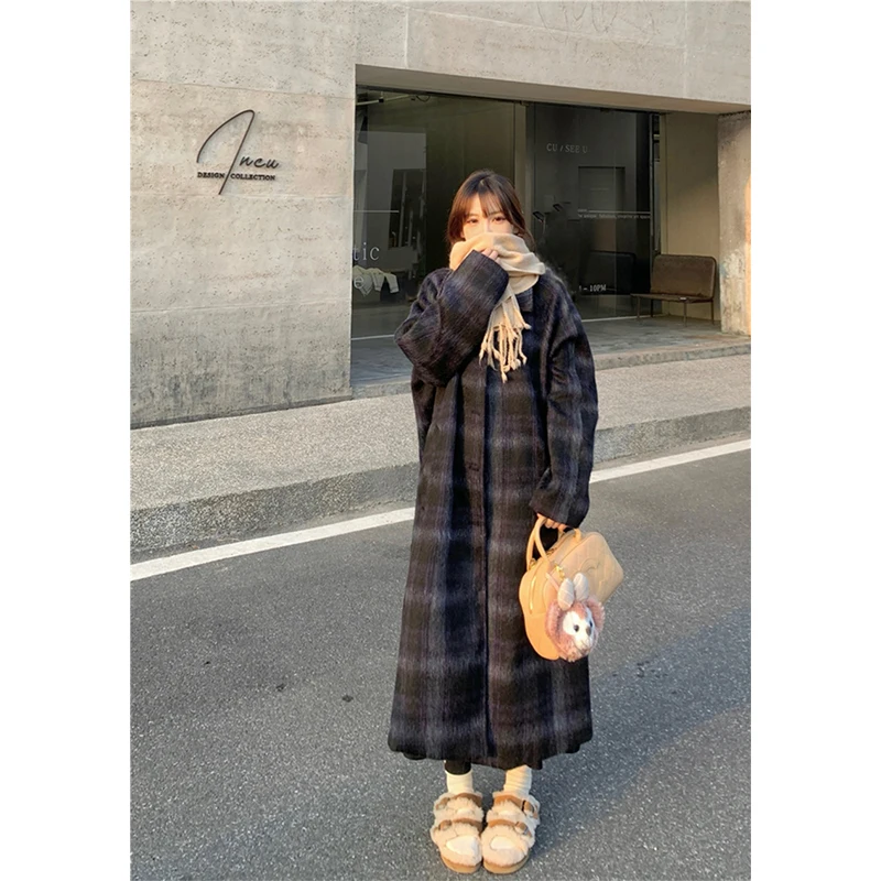 

M-4Xl Vintage Long Wool Blends Coats Women Plaid Woolen Jackets Streetwear Korean Plus Size Overcoat Winter Quilted Outerwear