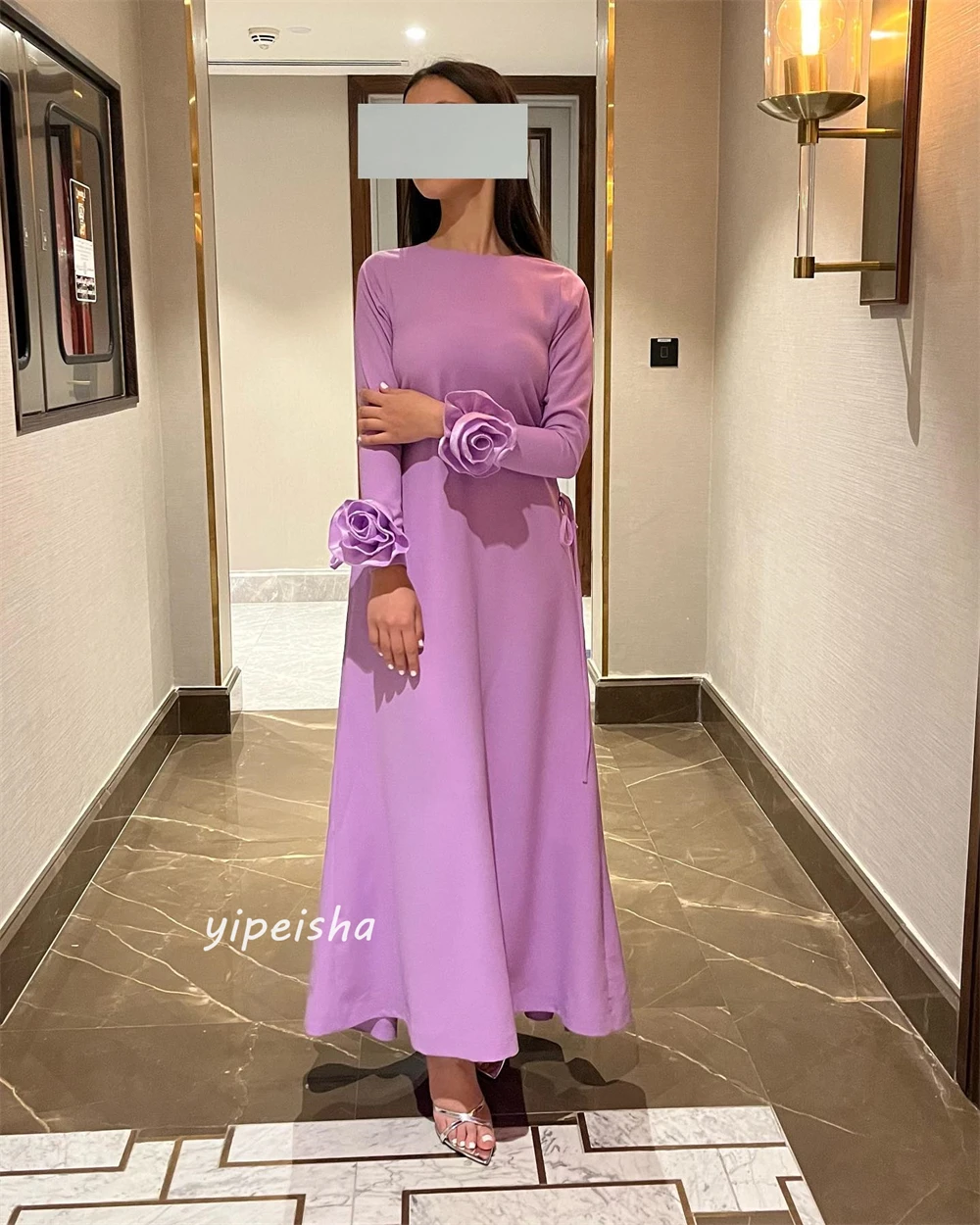 Jiayigong  Satin Flower Ruched  A-line O-Neck Bespoke Occasion Gown Midi Dresses