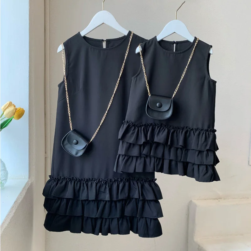 Summer Family Matching Outfits Girls Mom Fashion Layered Cake Dress Mother Daughter Ruffle Gowns 2024 Kids Adults Black Clothes