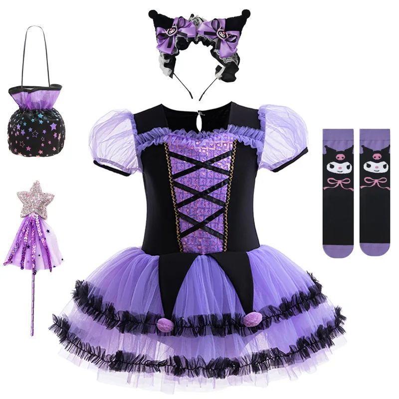 

Girls' Purple Black Kuromi Halloween Outfit, Children's Party Costume Dress with Matching Accessories