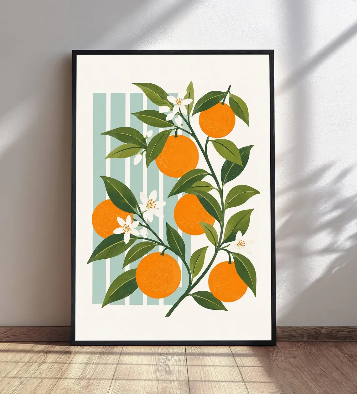 Orange Tree Branch Wall Art, Botanical Print, Striped Background Decor, Citrus Fruit Wall Decor