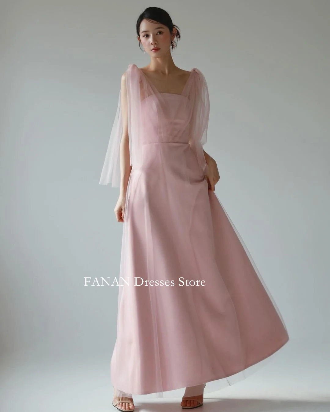 

FANAN Deep V- Neck Tulle Sleeveless Pink Evening Party Dresses Korea Elegant Wedding Women Formal Gowns Event Prom Gowns