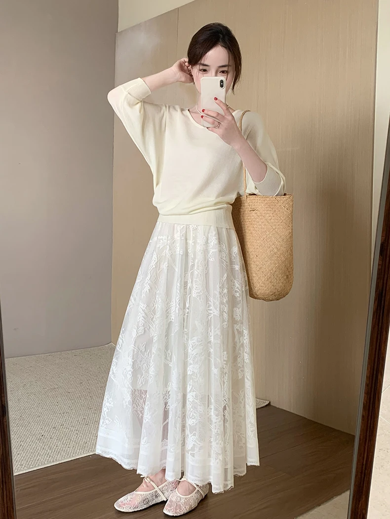 

Elegant Ladylike High Waist Casual round Neck Two Piece Set Spring New Arrival Korean Style High Elasticity Cotton Blend