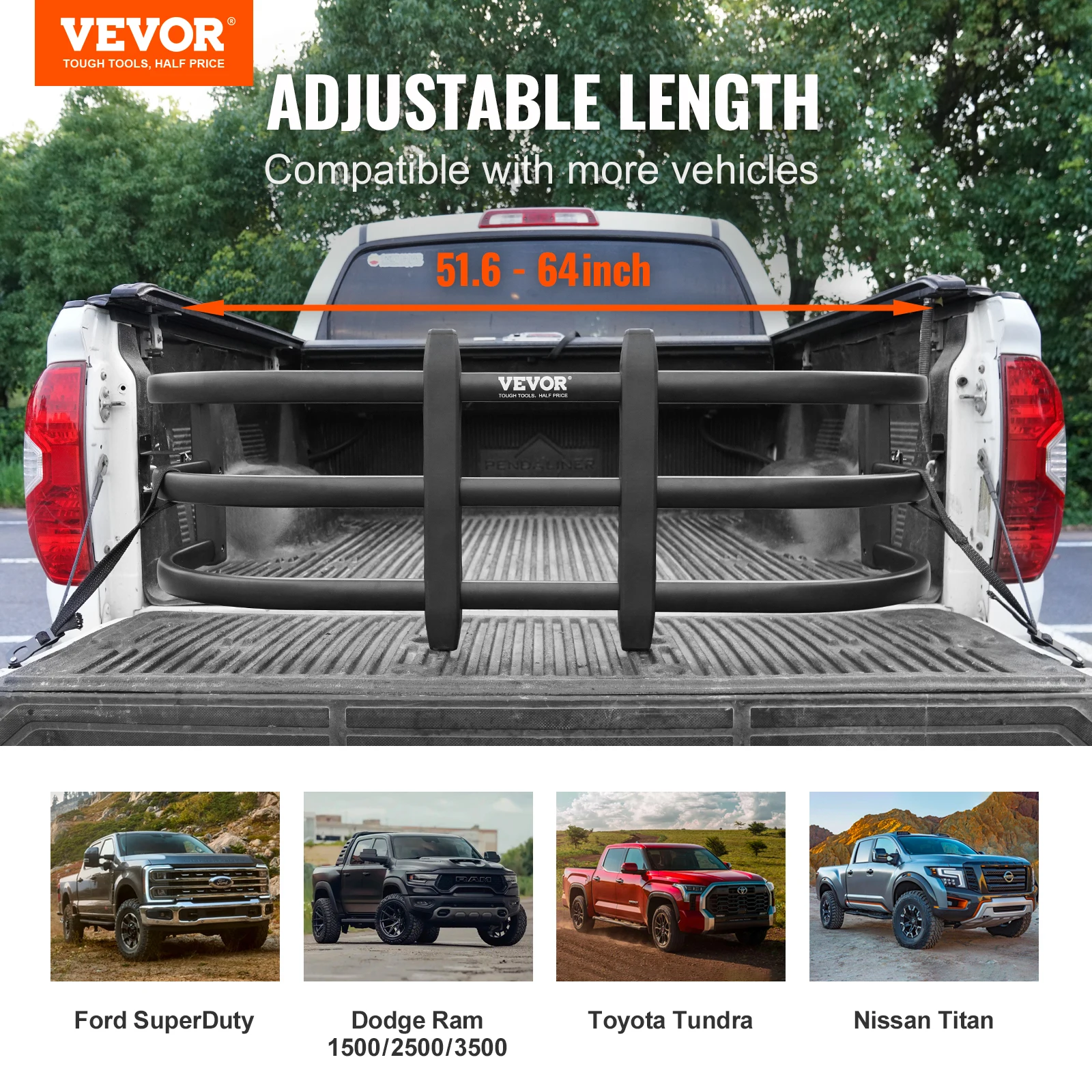 VEVOR Prolunga per pianale di camion, Prolunga per portellone posteriore retrattile in alluminio, Lunghezza regolabile 51,6"-64", Adatta per Ridgeline, Tacoma, Gladiator, Colorado/Canyon, Frontier e Ranger