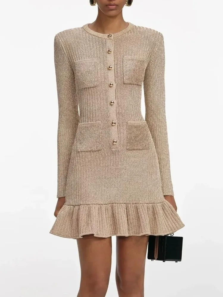 

Luxury Edition Short Dress Gold Shiny Embellished Lace Hemline Heavy Embroidery Small Fragrance Style City Walk Suitable