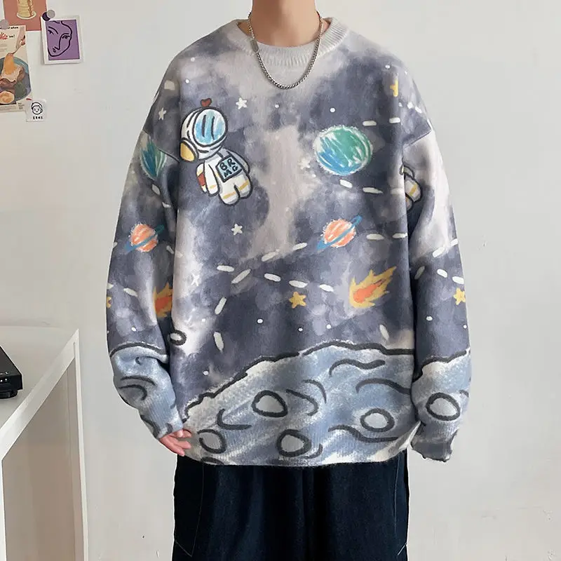 เสื้อสเวตเตอร์พิมพ์ลายสำหรับผู้ชายทรงหลวมเสื้อสเวตเตอร์ถักคู่แนวสตรีทฮิปฮอปแฟชั่นฤดูใบไม้ร่วงฤดูหนาว