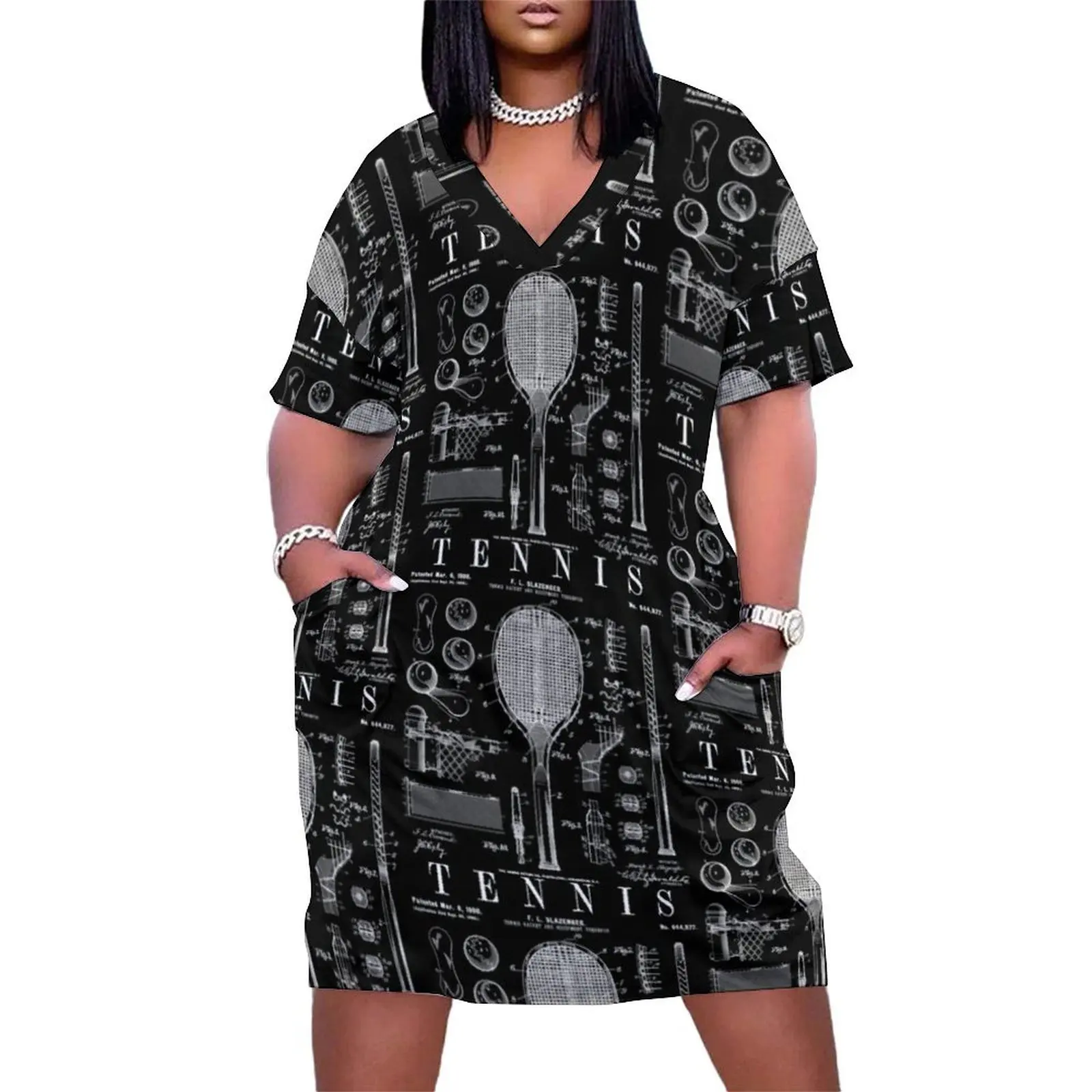 Tennis schläger und Ball alte Vintage Patent Zeichnung drucken lose Tasche Kleid Kleider für besondere Ereignisse Kleid Party Nacht
