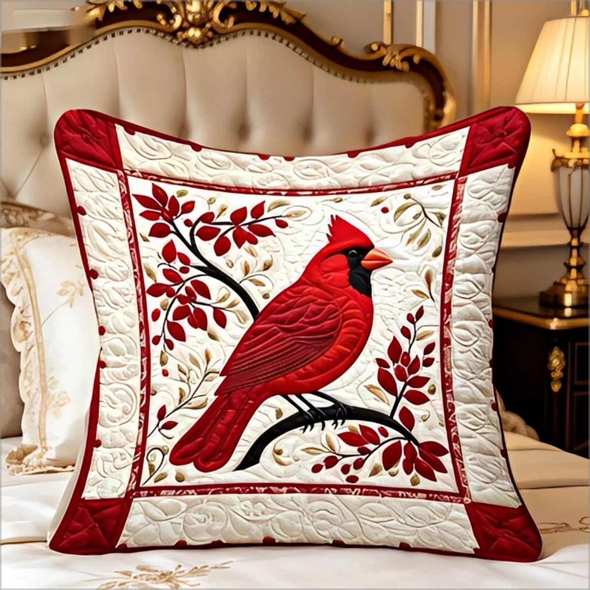 2D Quilted Red Cardinal Bird Throw Pillow Cover Floral Patchwork Decorative Cushion Case for Luxury Home Decor Gift