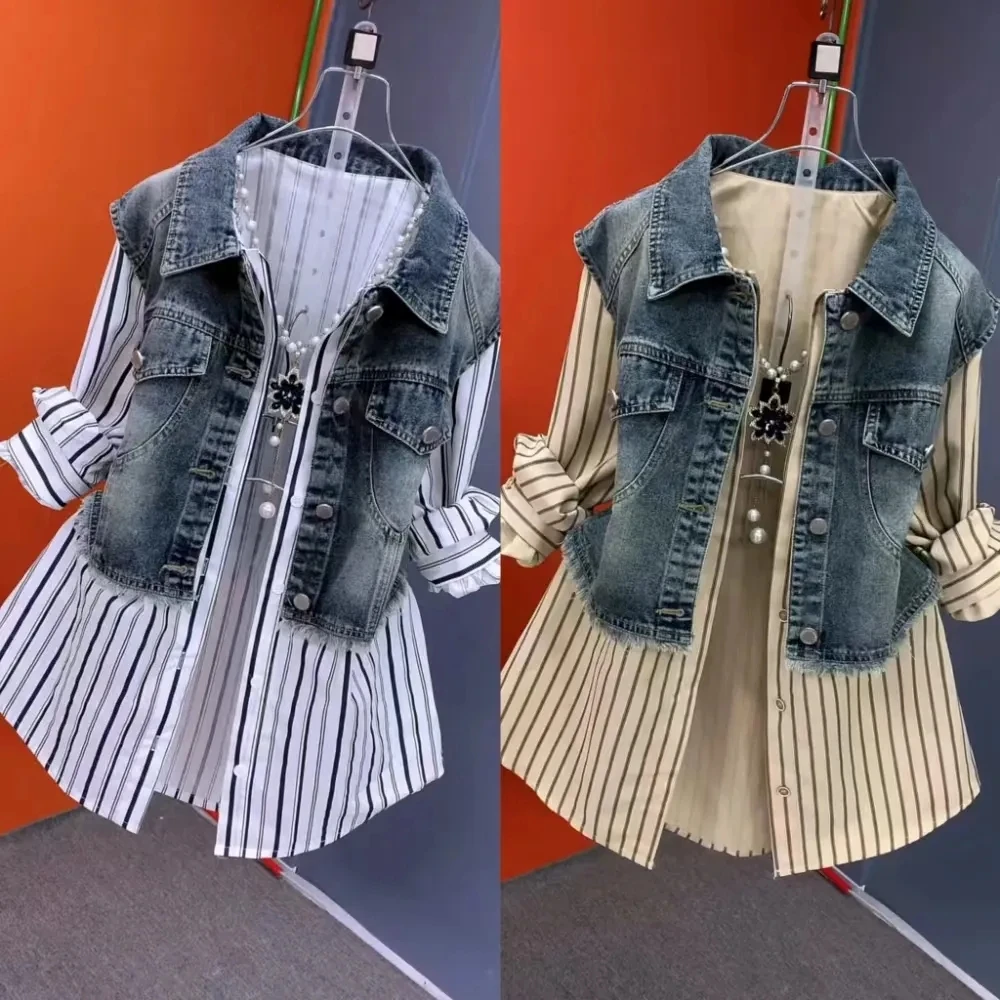 2025 New Denim Patchwork Striped Shirt Jacket For Women Spring Autumn Women Denim Shirt Korean Loose Long-sleeved Shirt Oversize