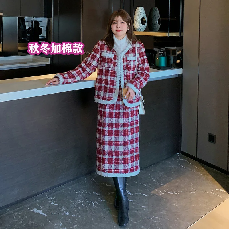 

150Kg Plus Size Women's Bust 155 Autumn Winter Loose Small Fragrance Style Coat Long Skirt Two-Piece Set Red 5XL 6XL 7XL 8XL 9XL