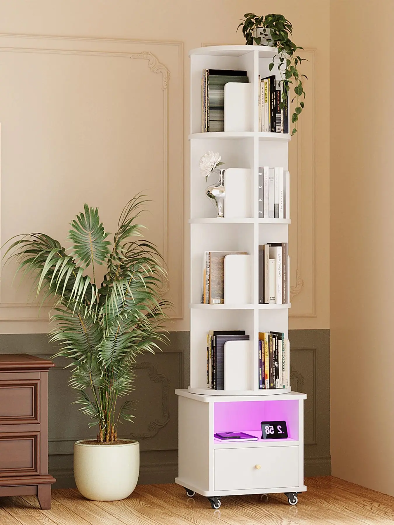 White Rotating Bookshelf Wooden Bookshelf With Wheels Bluetooth LED Strip Bookshelf Mobile Bookshelf For Study Room Living Room