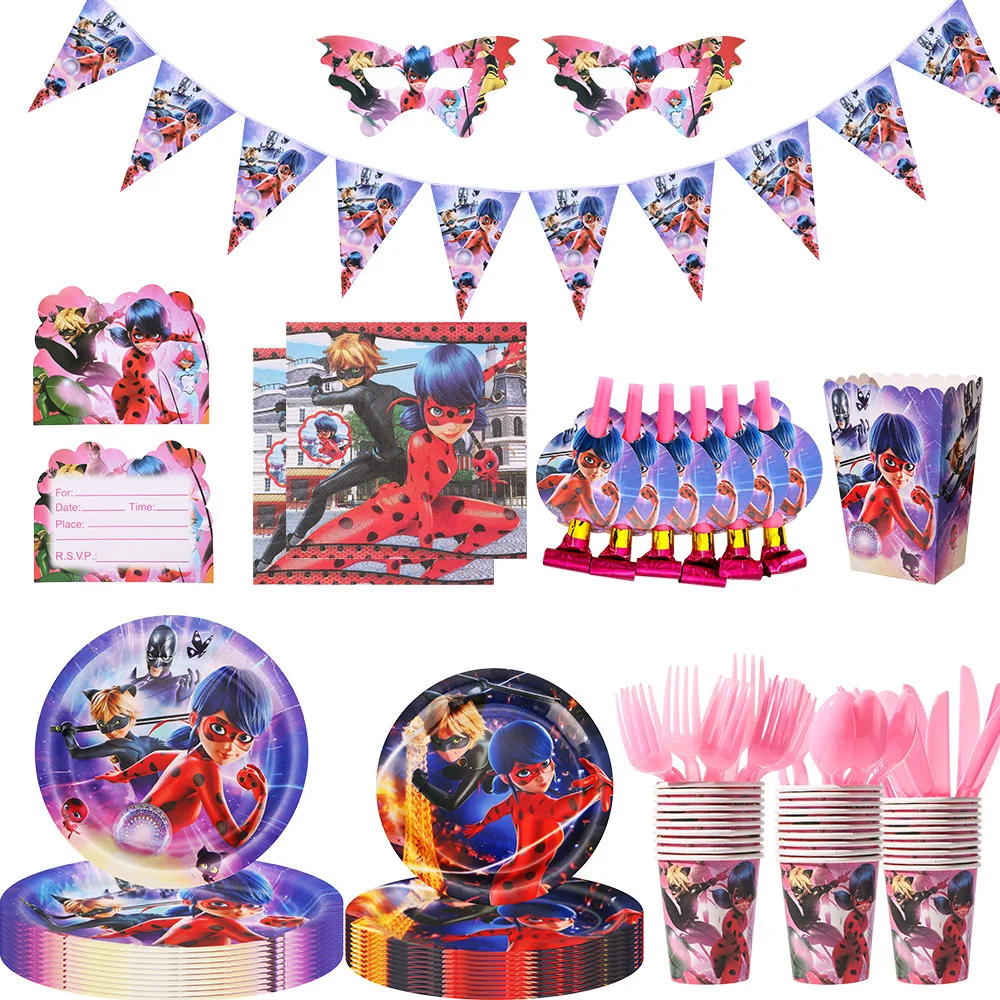 Ladybug Girls Invitations Pull Flags Tablecloths Paper Cups Dinner Plates Cake Forks Tissue Paper Blow Dragon Party Decoration