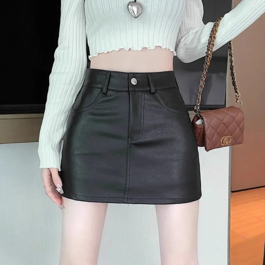 

【HOT】Black small leather skirt hip skirt women's autumn high waist slimming a-line short skirt small hot girl one-step dress