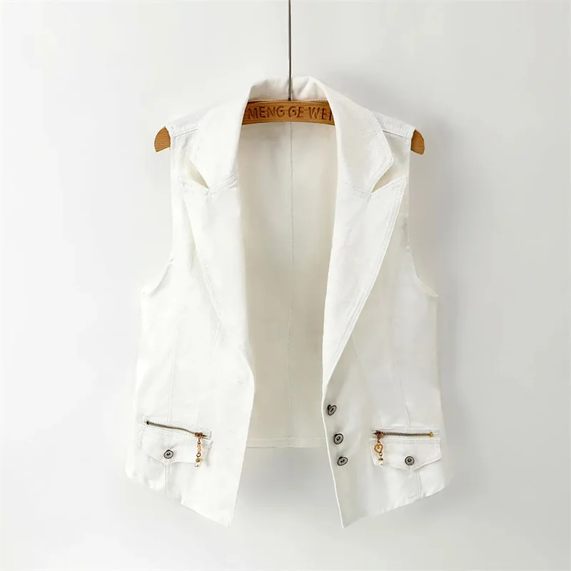 

Women's Denim Vest 2024 New Ladies White Jean Jacket Fashion Waistcoat Summer Vest Coat Outwear S-5XL