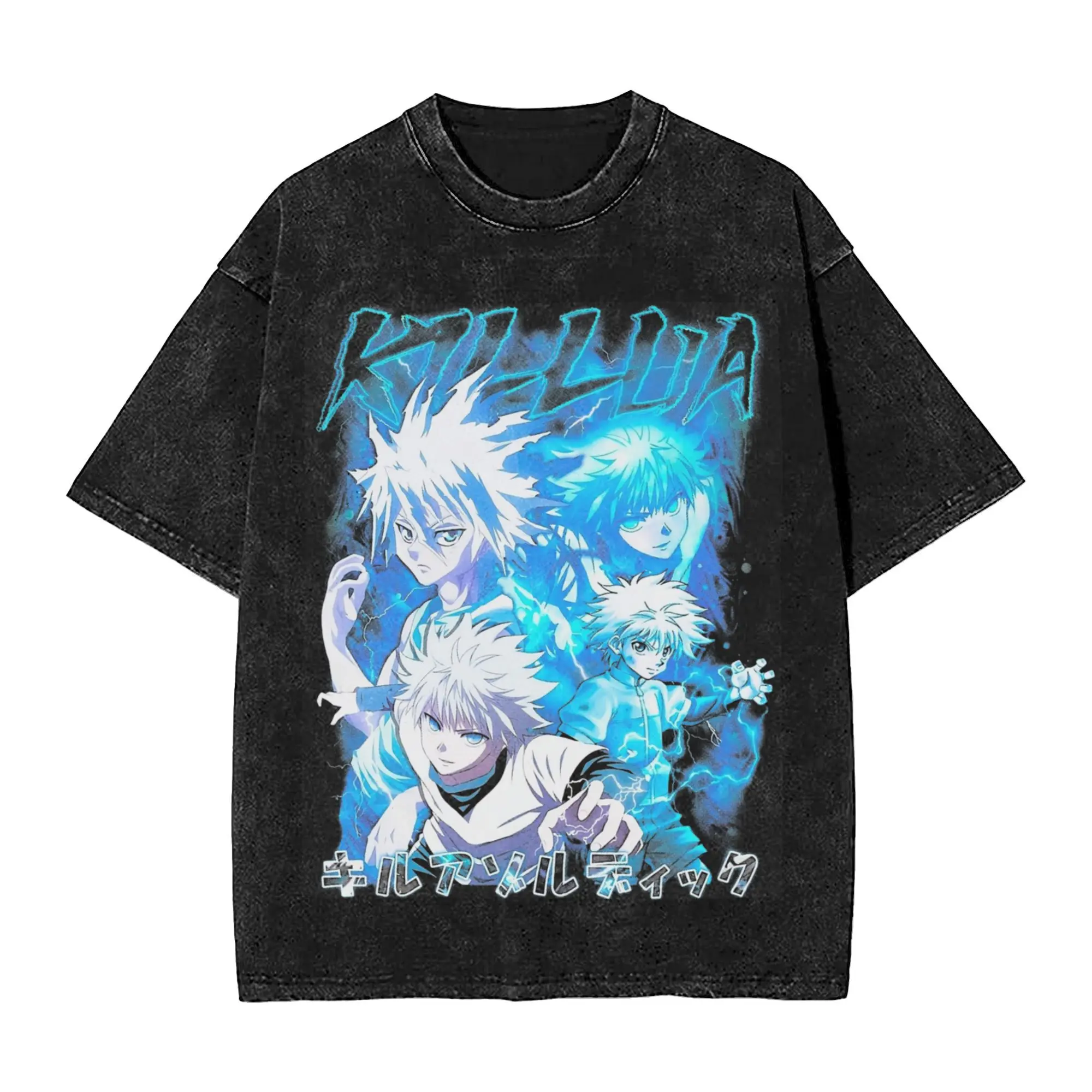 Washed T Shirt Killua Zoldyck Anime HXH Hip Hop T-Shirt Hunter X Hunter Streetwear 100% Cotton Printed Tops Tees for Men Women