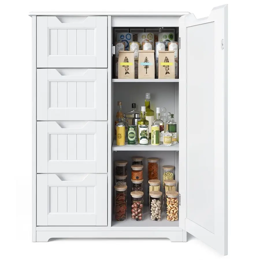 

Small Pantry with Door and Shelves, 33 Kitchen Pantry Storage Cabinet Freestanding Wooden Bathroom Storage Cabinet with 4 Drawe